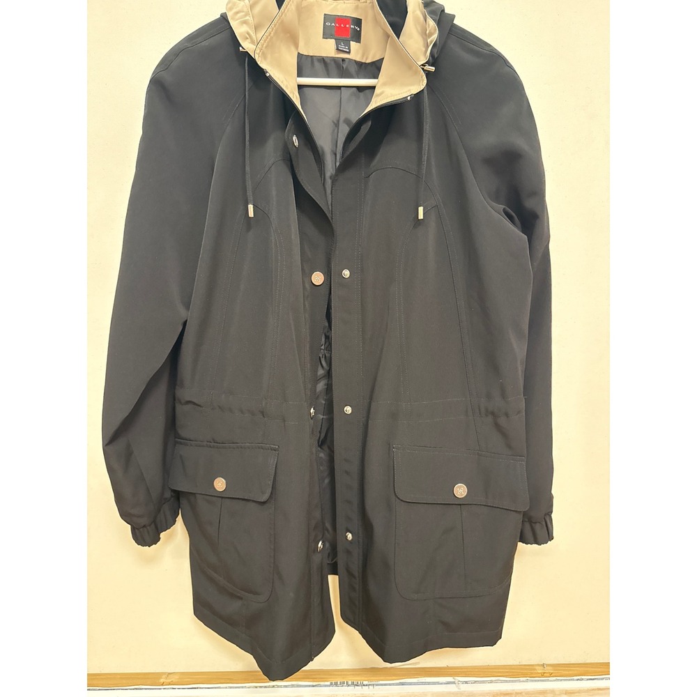 Gallery Womens Black Hooded Rain Jacket Size L Full Zip Snap Front Utility Coat